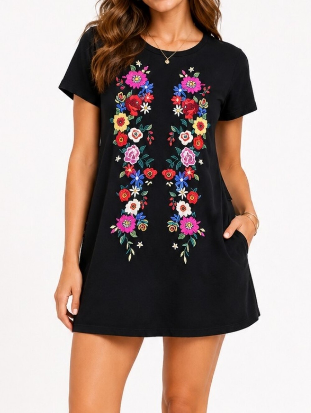 Umgee ~Woman Size S~ Black Embroidered Floral Short Sleeve Mini Dress Pockets.